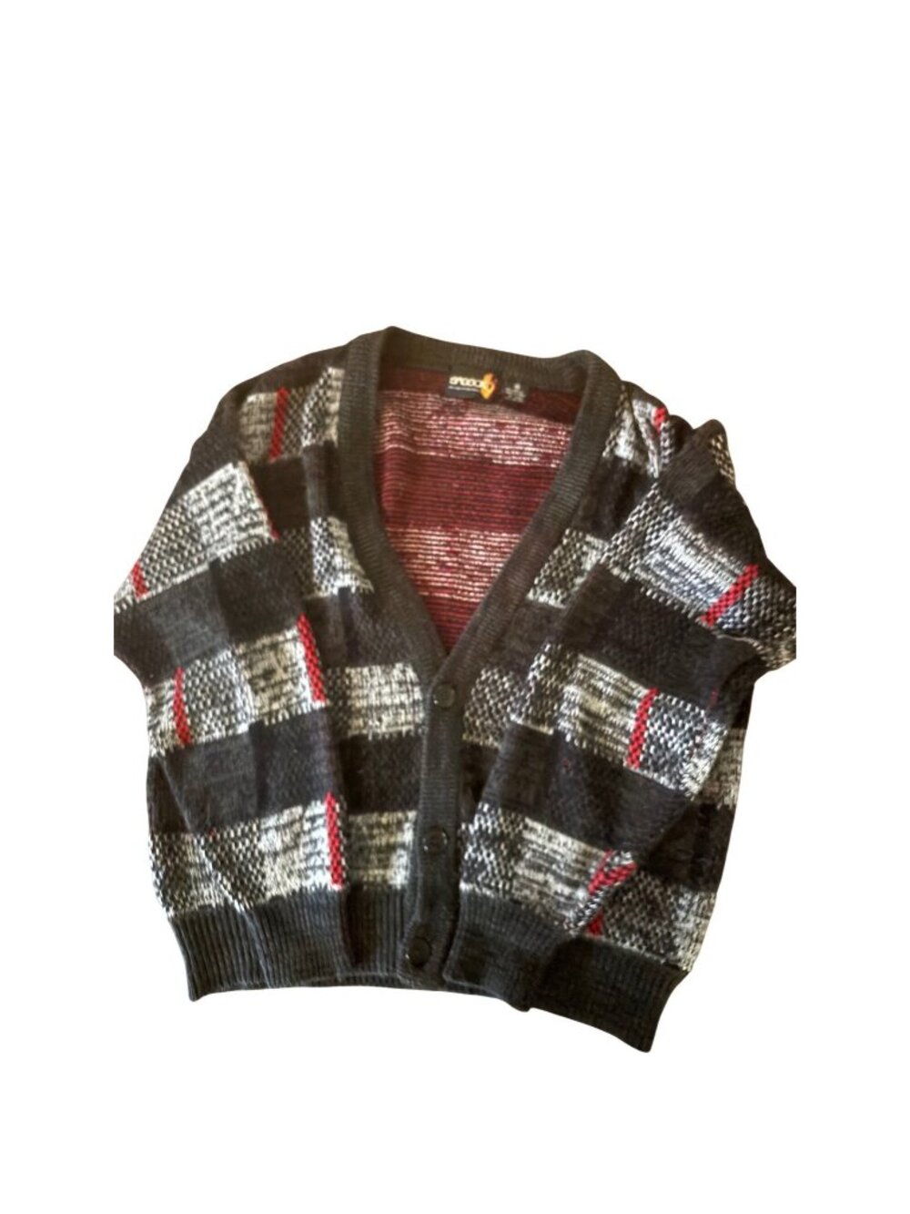 Vintage Sasson Mens Cardigan Sweater Medium Black Gray Red Geometric Knit 80s 90